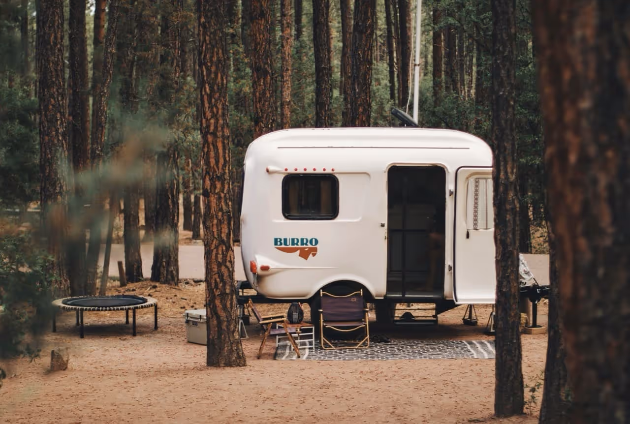 White Burro trailer parked in pine forest campground with outdoor setup